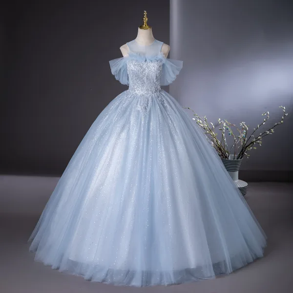 Elegant Sky Blue Beading Pearl Sequins Ball Gown Prom Dresses 2024 Scoop Neck Short Sleeve Backless Floor-Length / Long Prom Formal Dresses