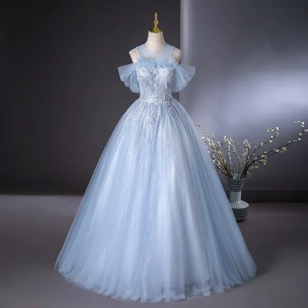 Elegant Sky Blue Beading Pearl Sequins Ball Gown Prom Dresses 2024 Scoop Neck Short Sleeve Backless Floor-Length / Long Prom Formal Dresses