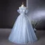 Elegant Sky Blue Beading Pearl Sequins Ball Gown Prom Dresses 2024 Scoop Neck Short Sleeve Backless Floor-Length / Long Prom Formal Dresses