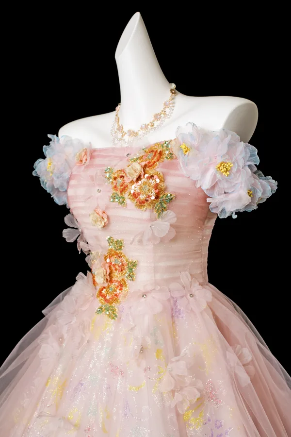 Blumenfee Rosa Perlenstickerei Pailletten Applikationen Ballkleider 2025 Ballkleid Off Shoulder Kurze Ärmel Rückenfreies Lange Festliche Kleider