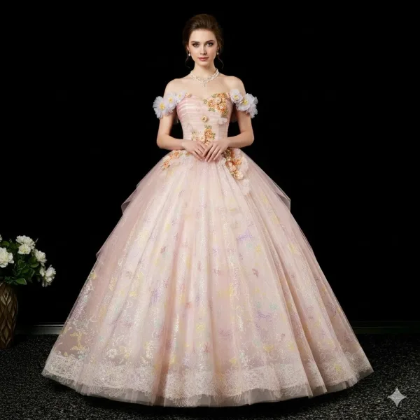 Blumenfee Rosa Perlenstickerei Pailletten Applikationen Ballkleider 2025 Ballkleid Off Shoulder Kurze Ärmel Rückenfreies Lange Festliche Kleider