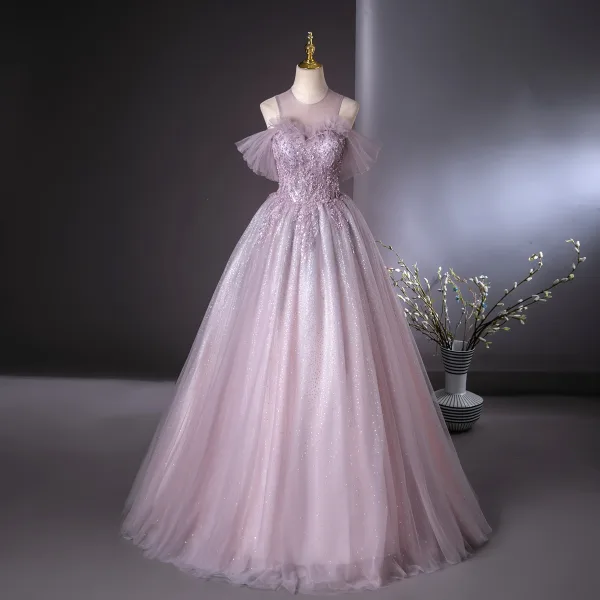 Elegant Lavender Beading Pearl Sequins Prom Dresses 2024 Ball Gown Scoop Neck Short Sleeve Backless Floor-Length / Long Prom Formal Dresses
