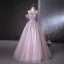 Elegant Lavender Beading Pearl Sequins Prom Dresses 2024 Ball Gown Scoop Neck Short Sleeve Backless Floor-Length / Long Prom Formal Dresses