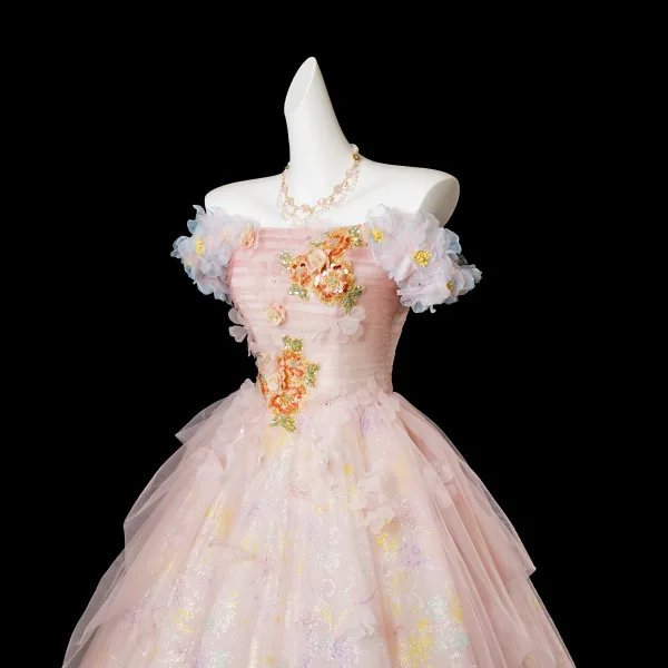 Blumenfee Rosa Perlenstickerei Pailletten Applikationen Ballkleider 2025 Ballkleid Off Shoulder Kurze Ärmel Rückenfreies Lange Festliche Kleider