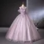 Elegant Lavender Beading Pearl Sequins Prom Dresses 2024 Ball Gown Scoop Neck Short Sleeve Backless Floor-Length / Long Prom Formal Dresses
