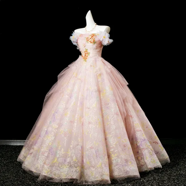 Blumenfee Rosa Perlenstickerei Pailletten Applikationen Ballkleider 2025 Ballkleid Off Shoulder Kurze Ärmel Rückenfreies Lange Festliche Kleider