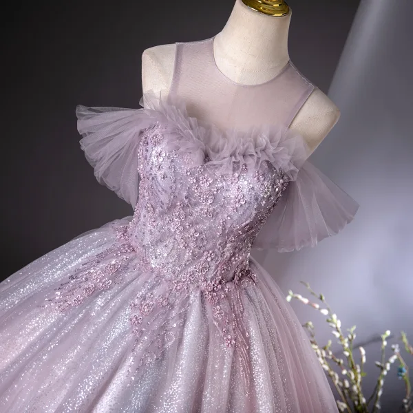 Elegant Lavender Beading Pearl Sequins Prom Dresses 2024 Ball Gown Scoop Neck Short Sleeve Backless Floor-Length / Long Prom Formal Dresses