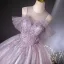 Elegant Lavender Beading Pearl Sequins Prom Dresses 2024 Ball Gown Scoop Neck Short Sleeve Backless Floor-Length / Long Prom Formal Dresses