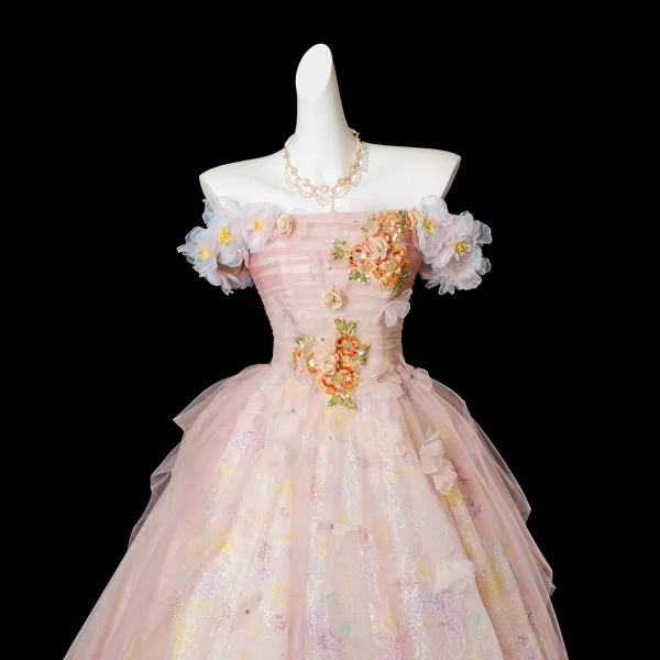 Blumenfee Rosa Perlenstickerei Pailletten Applikationen Ballkleider 2025 Ballkleid Off Shoulder Kurze Ärmel Rückenfreies Lange Festliche Kleider