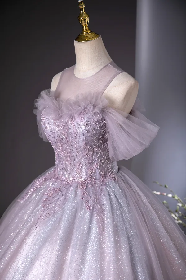 Elegant Lavender Beading Pearl Sequins Prom Dresses 2024 Ball Gown Scoop Neck Short Sleeve Backless Floor-Length / Long Prom Formal Dresses