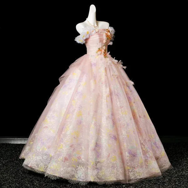 Blumenfee Rosa Perlenstickerei Pailletten Applikationen Ballkleider 2025 Ballkleid Off Shoulder Kurze Ärmel Rückenfreies Lange Festliche Kleider