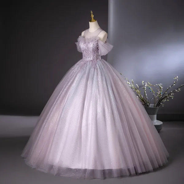 Elegant Lavender Beading Pearl Sequins Prom Dresses 2024 Ball Gown Scoop Neck Short Sleeve Backless Floor-Length / Long Prom Formal Dresses