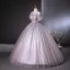 Elegant Lavender Beading Pearl Sequins Prom Dresses 2024 Ball Gown Scoop Neck Short Sleeve Backless Floor-Length / Long Prom Formal Dresses