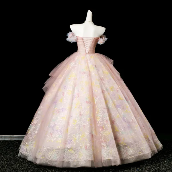 Blumenfee Rosa Perlenstickerei Pailletten Applikationen Ballkleider 2025 Ballkleid Off Shoulder Kurze Ärmel Rückenfreies Lange Festliche Kleider