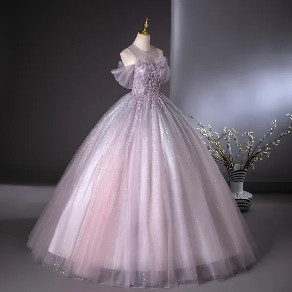 Elegant Lavender Beading Pearl Sequins Prom Dresses 2024 Ball Gown Scoop Neck Short Sleeve Backless Floor-Length / Long Prom Formal Dresses