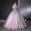 Elegant Lavender Beading Pearl Sequins Prom Dresses 2024 Ball Gown Scoop Neck Short Sleeve Backless Floor-Length / Long Prom Formal Dresses