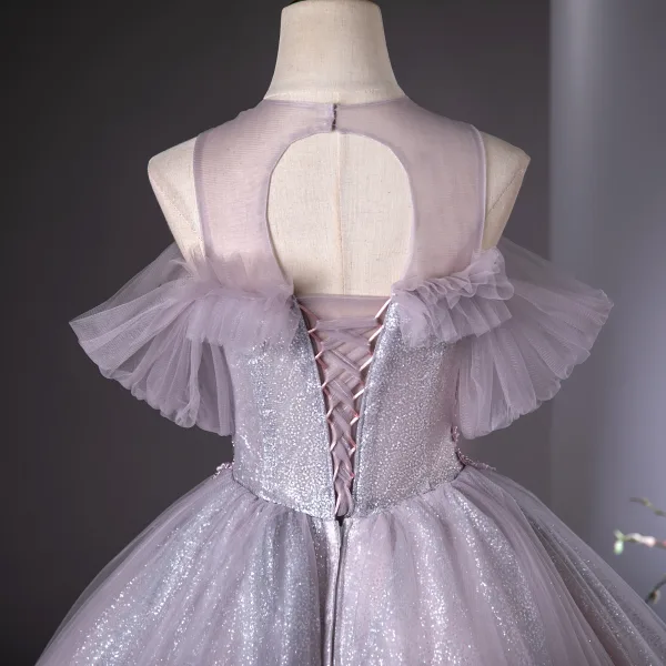 Elegant Lavender Beading Pearl Sequins Prom Dresses 2024 Ball Gown Scoop Neck Short Sleeve Backless Floor-Length / Long Prom Formal Dresses