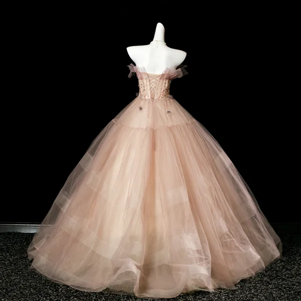 Edles Rosa Perlenstickerei Ballkleider 2025 Ballkleid Bandeau Ärmellos Rückenfreies Lange Festliche Kleider