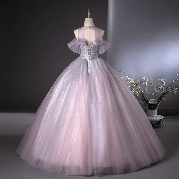 Elegant Lavender Beading Pearl Sequins Prom Dresses 2024 Ball Gown Scoop Neck Short Sleeve Backless Floor-Length / Long Prom Formal Dresses