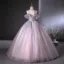 Elegant Lavender Beading Pearl Sequins Prom Dresses 2024 Ball Gown Scoop Neck Short Sleeve Backless Floor-Length / Long Prom Formal Dresses