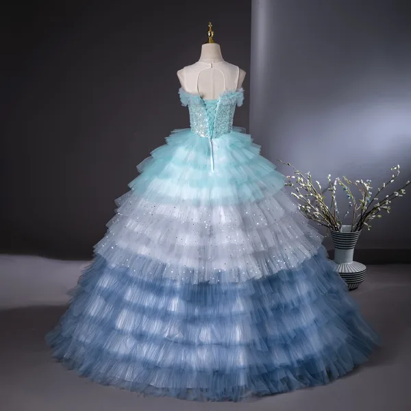 Unusual Beading Star Pearl Sequins Multi-Colors Pleated Prom Dresses 2024 Ball Gown Scoop Neck Sleeveless Backless Floor-Length / Long Prom Formal Dresses