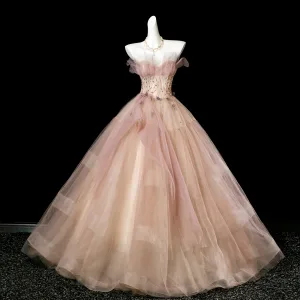 Chic Rougissant Rose Perlage Robe De Bal 2025 Robe Boule Bustier Sans Manches Dos Nu Longue Robe De Ceremonie