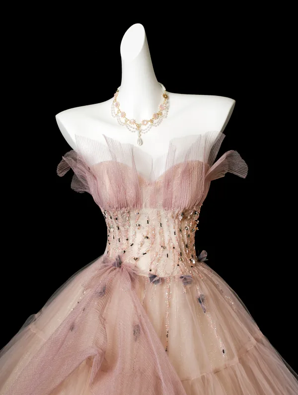 Edles Rosa Perlenstickerei Ballkleider 2025 Ballkleid Bandeau Ärmellos Rückenfreies Lange Festliche Kleider