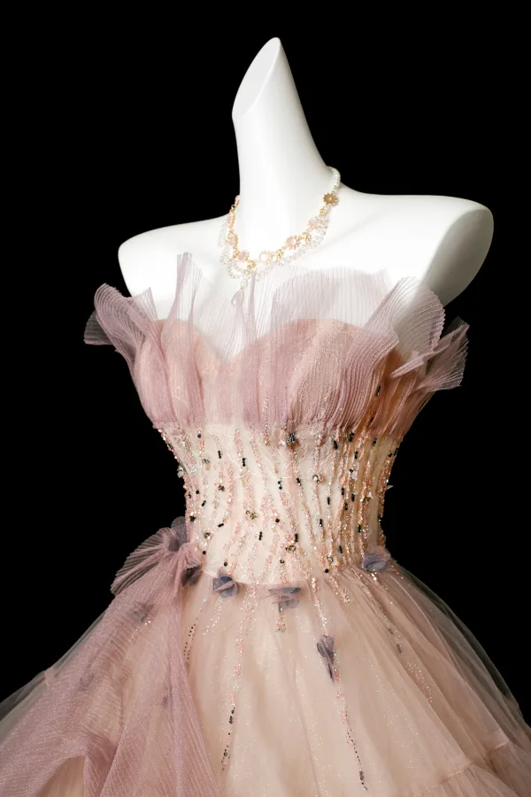 Edles Rosa Perlenstickerei Ballkleider 2025 Ballkleid Bandeau Ärmellos Rückenfreies Lange Festliche Kleider