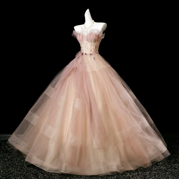 Edles Rosa Perlenstickerei Ballkleider 2025 Ballkleid Bandeau Ärmellos Rückenfreies Lange Festliche Kleider