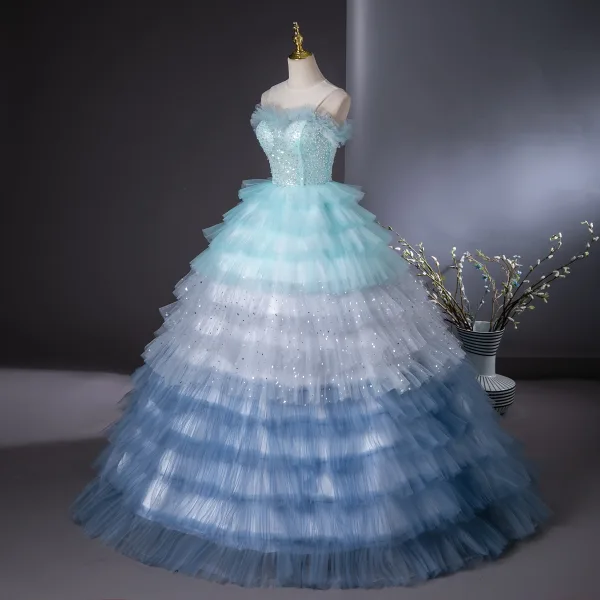 Unusual Beading Star Pearl Sequins Multi-Colors Pleated Prom Dresses 2024 Ball Gown Scoop Neck Sleeveless Backless Floor-Length / Long Prom Formal Dresses