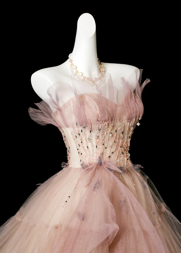 Edles Rosa Perlenstickerei Ballkleider 2025 Ballkleid Bandeau Ärmellos Rückenfreies Lange Festliche Kleider