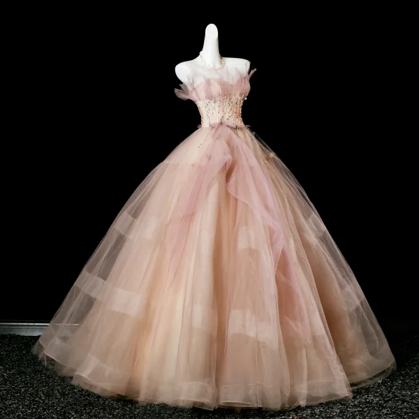Edles Rosa Perlenstickerei Ballkleider 2025 Ballkleid Bandeau Ärmellos Rückenfreies Lange Festliche Kleider