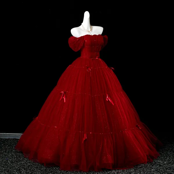 Elegant Burgundy Bow Sequins Prom Dresses 2025 Ball Gown Off-The-Shoulder Short Sleeve Backless Floor-Length / Long Formal Dresses