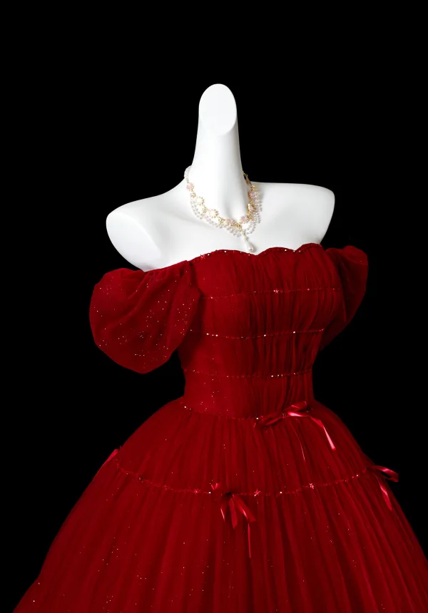 Elegant Burgundy Bow Sequins Prom Dresses 2025 Ball Gown Off-The-Shoulder Short Sleeve Backless Floor-Length / Long Formal Dresses