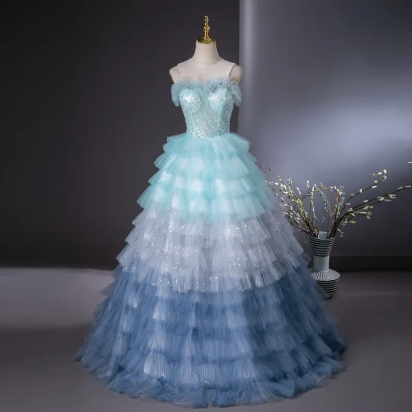 Unusual Beading Star Pearl Sequins Multi-Colors Pleated Prom Dresses 2024 Ball Gown Scoop Neck Sleeveless Backless Floor-Length / Long Prom Formal Dresses