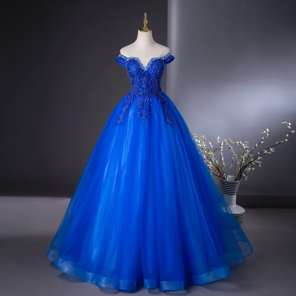 Vintage / Retro Royal Blue Beading Pearl Sequins Prom Dresses 2024 Ball Gown Off-The-Shoulder Sleeveless Backless Floor-Length / Long Prom Formal Dresses