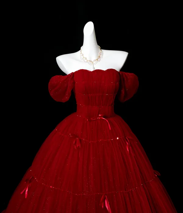 Elegant Burgundy Bow Sequins Prom Dresses 2025 Ball Gown Off-The-Shoulder Short Sleeve Backless Floor-Length / Long Formal Dresses