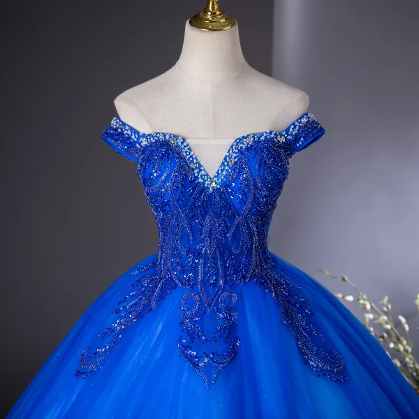 Vintage / Retro Royal Blue Beading Pearl Sequins Prom Dresses 2024 Ball Gown Off-The-Shoulder Sleeveless Backless Floor-Length / Long Prom Formal Dresses