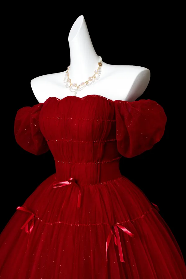 Elegant Burgundy Bow Sequins Prom Dresses 2025 Ball Gown Off-The-Shoulder Short Sleeve Backless Floor-Length / Long Formal Dresses