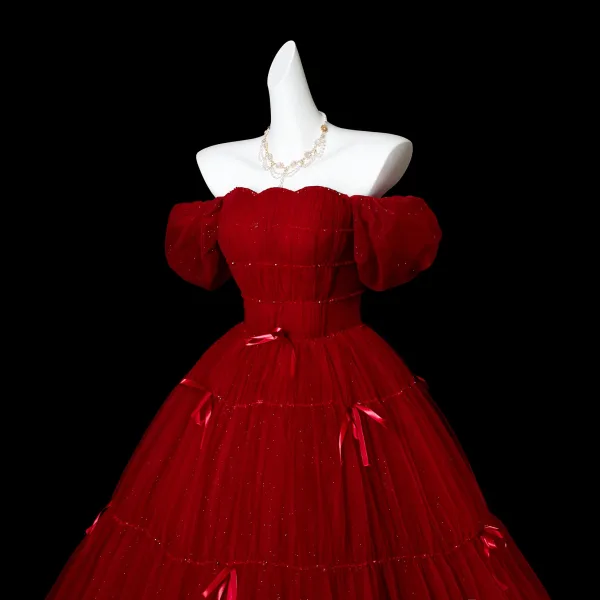 Elegant Burgundy Bow Sequins Prom Dresses 2025 Ball Gown Off-The-Shoulder Short Sleeve Backless Floor-Length / Long Formal Dresses