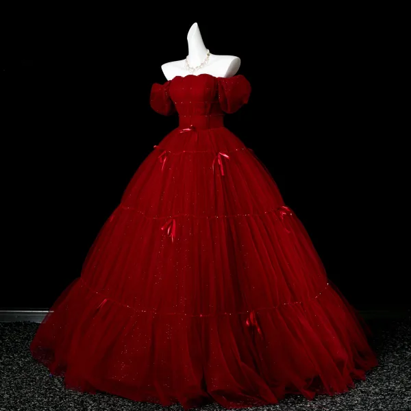 Elegant Burgundy Bow Sequins Prom Dresses 2025 Ball Gown Off-The-Shoulder Short Sleeve Backless Floor-Length / Long Formal Dresses
