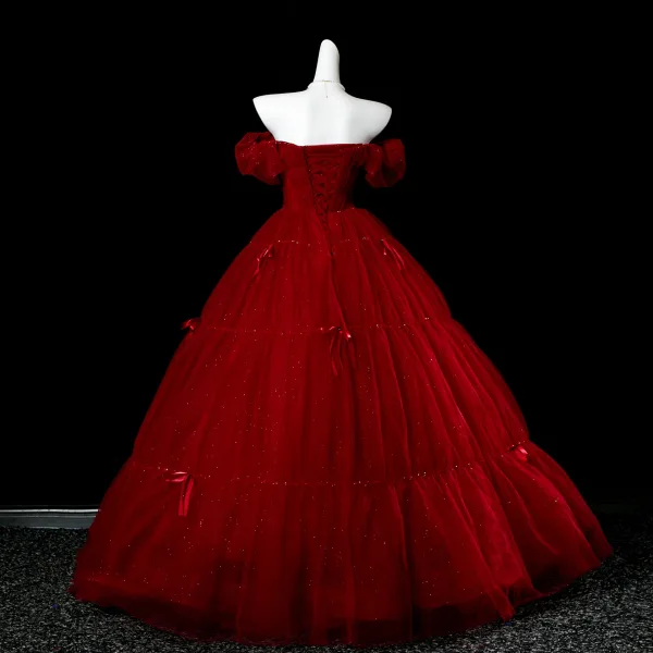 Elegant Burgundy Bow Sequins Prom Dresses 2025 Ball Gown Off-The-Shoulder Short Sleeve Backless Floor-Length / Long Formal Dresses