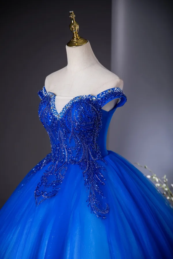 Vintage / Retro Royal Blue Beading Pearl Sequins Prom Dresses 2024 Ball Gown Off-The-Shoulder Sleeveless Backless Floor-Length / Long Prom Formal Dresses