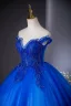 Vintage / Retro Royal Blue Beading Pearl Sequins Prom Dresses 2024 Ball Gown Off-The-Shoulder Sleeveless Backless Floor-Length / Long Prom Formal Dresses