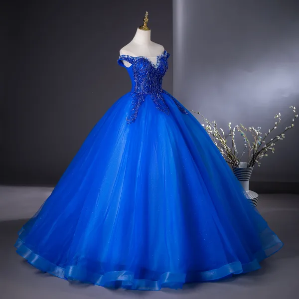 Vintage / Retro Royal Blue Beading Pearl Sequins Prom Dresses 2024 Ball Gown Off-The-Shoulder Sleeveless Backless Floor-Length / Long Prom Formal Dresses