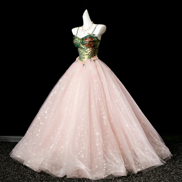 Edles Rosa Applikationen Pailletten Ballkleider 2025 Ballkleid Spaghettiträger Ärmellos Rückenfreies Lange Festliche Kleider
