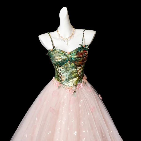 Edles Rosa Applikationen Pailletten Ballkleider 2025 Ballkleid Spaghettiträger Ärmellos Rückenfreies Lange Festliche Kleider