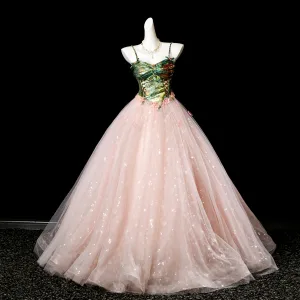 Classy Blushing Pink Appliques Sequins Prom Dresses 2025 Ball Gown Spaghetti Straps Sleeveless Backless Floor Length Long Formal Dresses