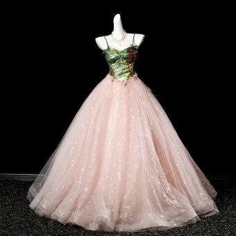 Edles Rosa Applikationen Pailletten Ballkleider 2025 Ballkleid Spaghettiträger Ärmellos Rückenfreies Lange Festliche Kleider