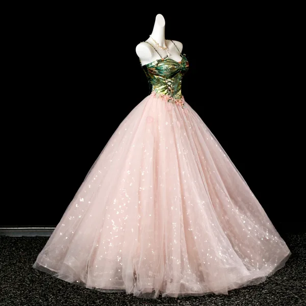 Edles Rosa Applikationen Pailletten Ballkleider 2025 Ballkleid Spaghettiträger Ärmellos Rückenfreies Lange Festliche Kleider